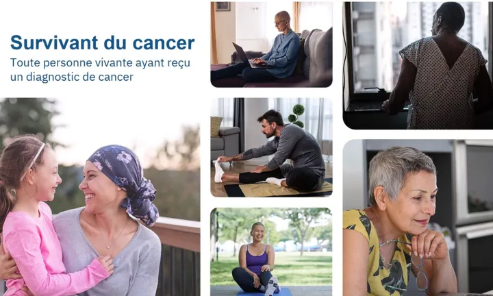 Un collage montrant des personnes touchées par le cancer dans diverses activités quotidiennes, accompagné d’un texte définissant ce qu’est un survivant du cancer.