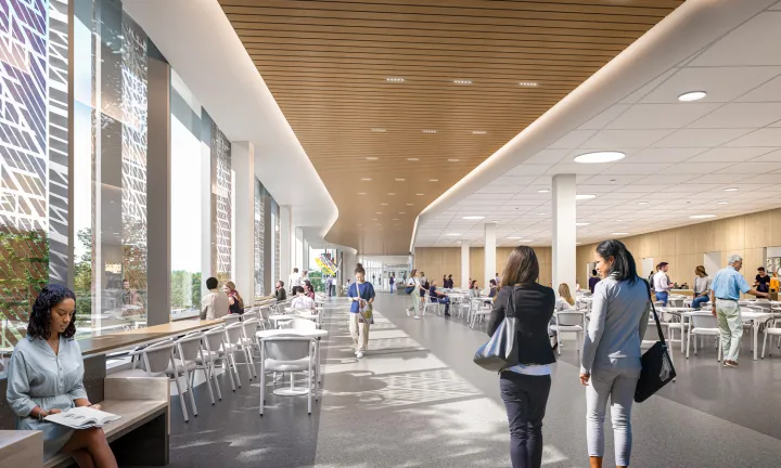 An artist rendering of the interior of a cafeteria at a new hospital. A long, open hallway from the middle foreground to the background. Floor-to-ceiling windows on the left of the hall fill the space with natural light. People are walking through the hall and sitting at tables and chairs on either side of the hall. 