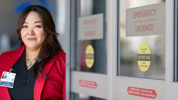 Left image: Inuit Patient Navigator Joy Akavak. Right image: Doors to the Civic Campus Emergency Department.