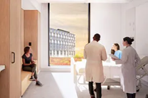 An artist rendering of a patient room at the new hospital, where everyone will have their own room and accessible washroom. 