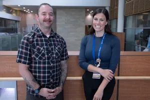 Patient Jay Abramovitch (left) and Advanced Practice Nurse Sarah Cleyn (right).