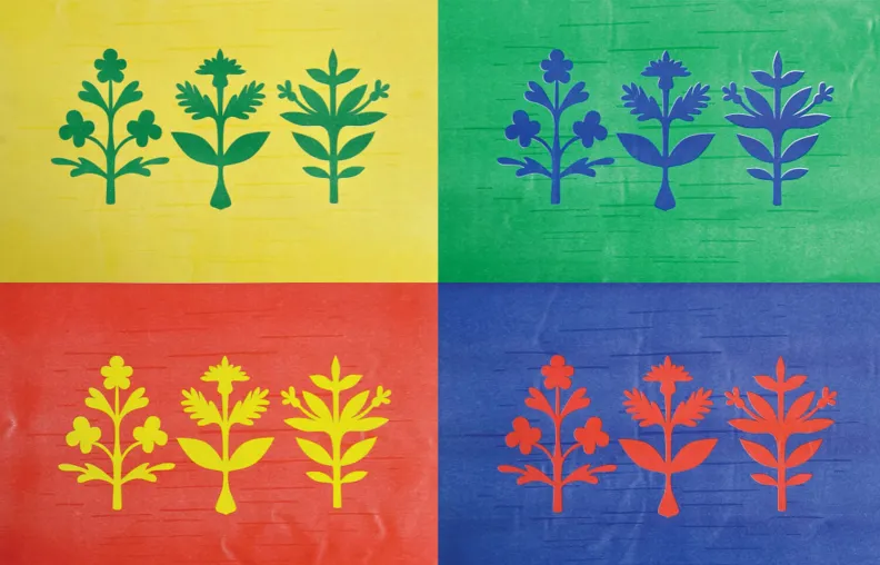 Un tableau montre les silhouettes de trois plantes qui se répètent dans quatre rectangles. La couleur de fond de chaque rectangle représente l’une des quatre saisons.