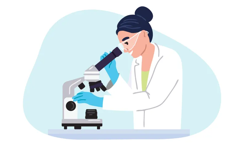 An illustrated scientist wearing a lab coat and blue gloves looks into a microscope while adjusting its controls, representing research and scientific discovery.