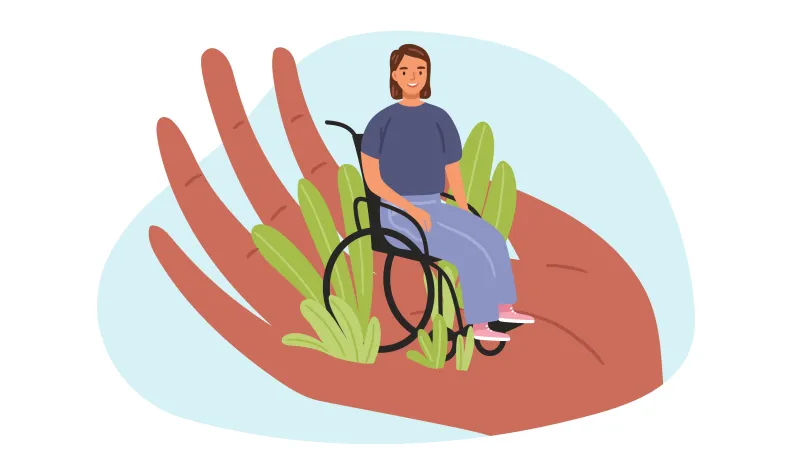 An illustrated person using a wheelchair sits on a large open hand, surrounded by green plants, symbolizing support and care.