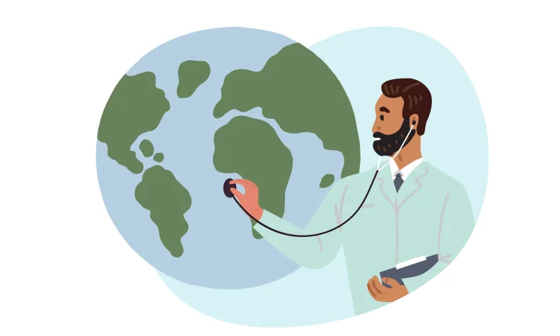 An illustrated healthcare professional wearing a lab coat listens to a globe with a stethoscope, symbolizing global health and care for the world.