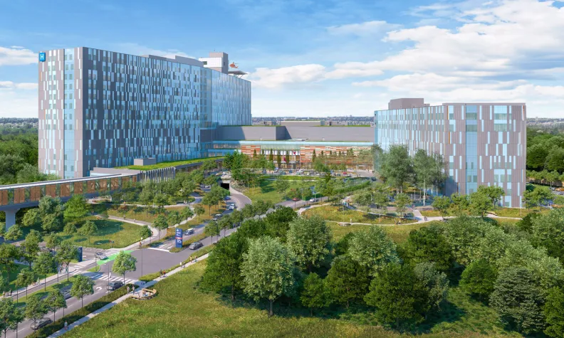  An artist rendering of The Ottawa Hospital’s new campus during the day, showing the front exterior of the entire hospital. 