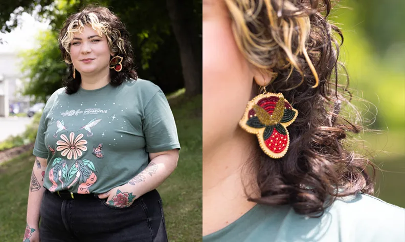 Two side-by-side photos of Kaytlyn Nadjiwon. The first photo is a portrait of Kaytlyn standing outside the General Campus beside a tree. The second photo is a close-up shot of one of her handmade beaded strawberry-pattern earrings.