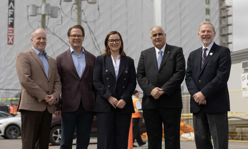 From left to right: Cameron Love, President and CEO of The Ottawa Hospital, James Schlegel, President and CEO of Schlegel Villages, Natalia Kusendova-Bashta, Minister of Long-Term Care, George Darouze, MPP for Carleton, and Claude Brulé, President and CEO of Algonquin College.