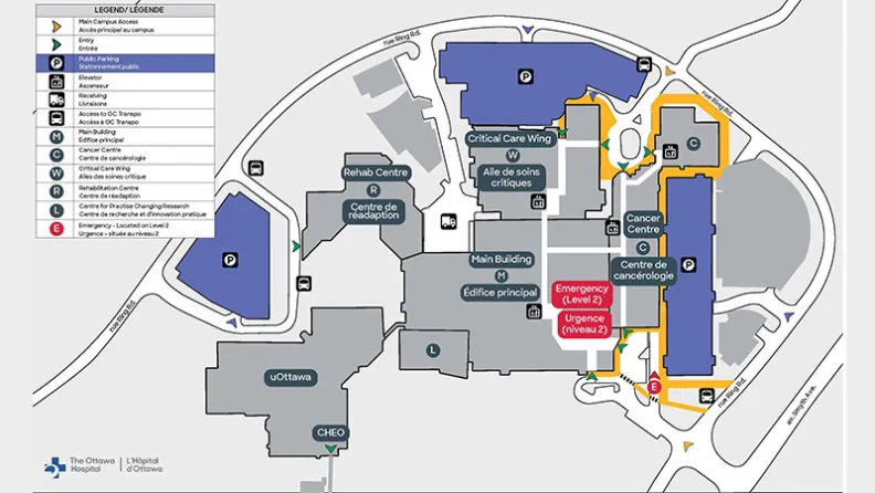 Map of the General Campus showing building layout, parking areas, main entrances, Emergency (Level 2), Cancer Centre, Critical Care Wing, and access routes.