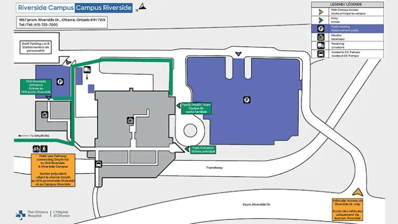 Map of the Riverside Campus showing building layout, parking areas, entrances, and access routes.