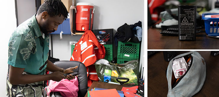 Team leader Kehinde prepares backpacks of supplies for the Block Leaders.