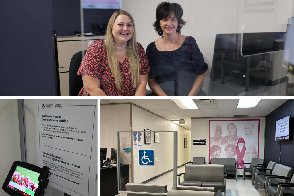 First image (top): Clerks Mercedes Smith (left) and Tracey Lynch (right). Second image (bottom left): self-check-in station. Third image (bottom right): the waiting room.