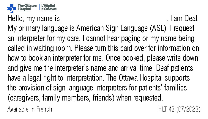 A wallet card with instructions for arranging an ASL or LSQ interpreter.
