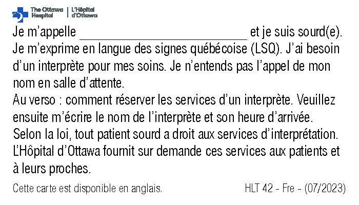 Une carte de poche explique comment obtenir un interprète en LSA ou en LSQ.