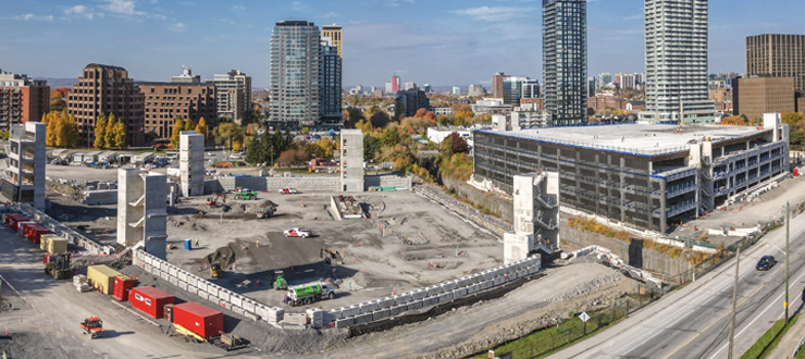 An aerial view of construction progress of the parking garage on the site of The Ottawa Hospital's new campus.